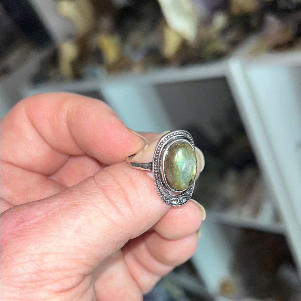 Adjustable Labradorite Oval Ring in Green